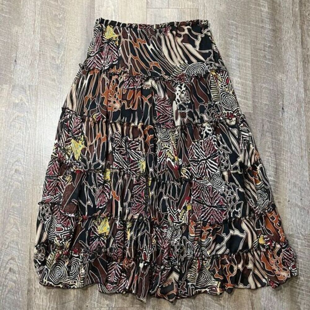 2000s Y2k Grunge Animal Print Abstract Ruffle Tiered Midi‎ Skirt Womens medium